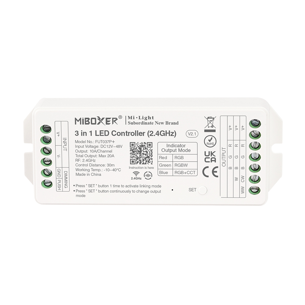 FUT037P+ 2.4GHz 5in1 RGBCCT LED Strip Controller - DC12~48V Input FUT037P+ 2.4GHz 5in1 RGBCCT LED Strip Controller - DC12~48V Input